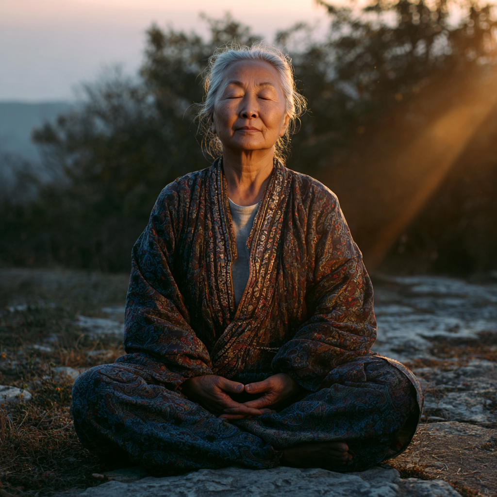 Улыбающаяся пожилая европейская женщина в удобной спортивной одежде выполняет дыхательные упражнения йоги в светлой комнате с растениями